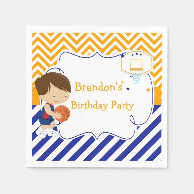 Basketball Cute Brunette Hair Boy Birthday Party Napkins (Front)