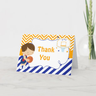 Basketball Cute Brunette Hair Boy Birthday Party Thank You Card