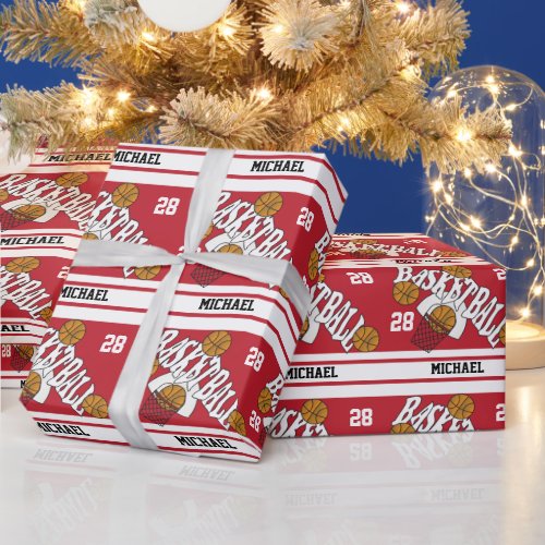 Basketball Dark Red  White Stripe Wrapping Paper