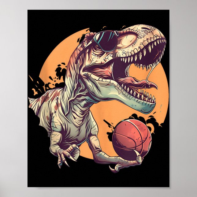 Basketball Dino T-rex Portrait Bball Player Basket Poster (Front)