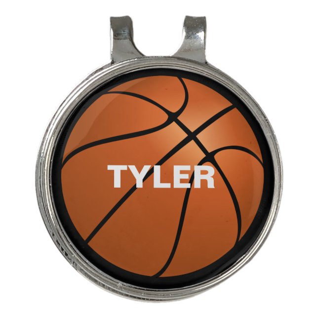 Basketball, DIY Name in White, Black Golf Hat Clip (Front)