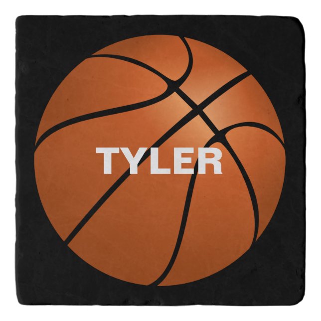 Basketball, DIY Name in White, Black Trivet (Front)