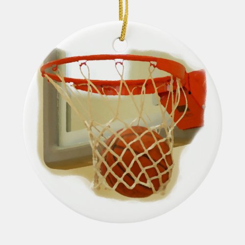 Basketball falling through hoop ceramic ornament