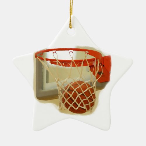 Basketball falling through hoop ceramic ornament