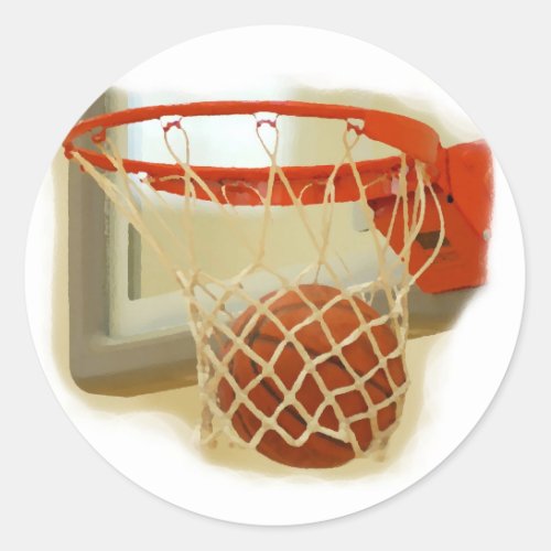 Basketball falling through hoop classic round sticker