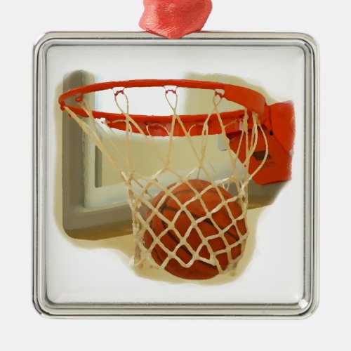 Basketball falling through hoop metal ornament