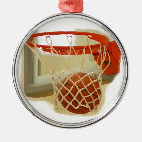 Basketball falling through hoop metal ornament