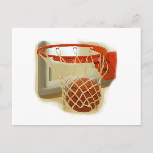 Basketball falling through hoop postcard