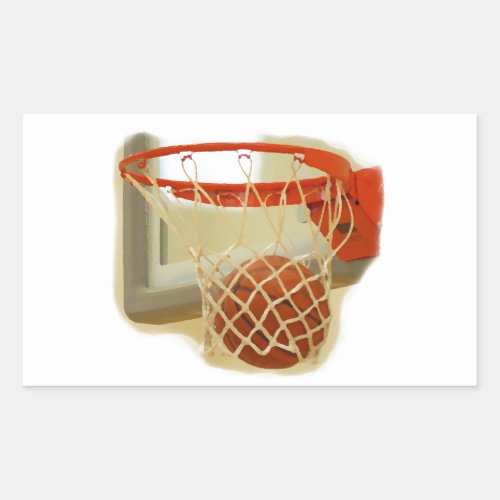 Basketball falling through hoop rectangular sticker
