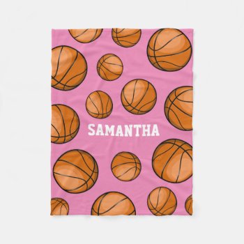 Basketball Fan Custom Name Pink Fleece Blanket by HappyPlanetShop at Zazzle
