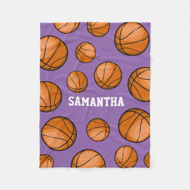 Basketball Fan Custom Name Purple Fleece Blanket (Front)