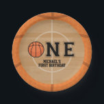 Basketball First Birthday Paper Plates<br><div class="desc">Basketball First Birthday plates. STRIKE ONE! This napkin is created with a vintage background texture, Basketball accents with "One" in the center, the "O" is replaced with a Basketball. Additional party supplies are available at Metro-Events Zazzle shop and Metro-Event.com. For further customization, please click the "Customize it" button and use...</div>