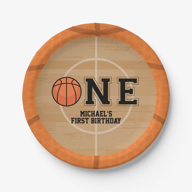 Basketball First Birthday Paper Plates (Front)