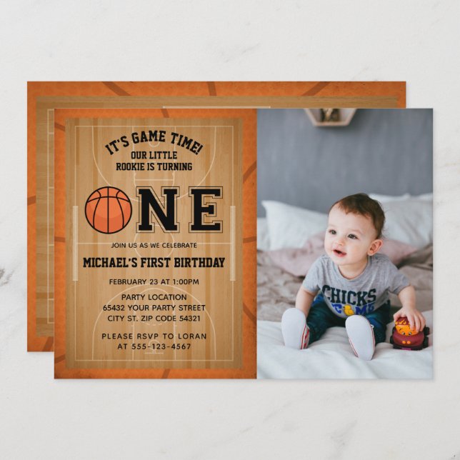 Basketball First Birthday Photo Invitation (Front/Back)