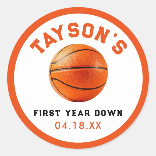 basketball First Year Down 1st Birthday Classic Round Sticker (Front)