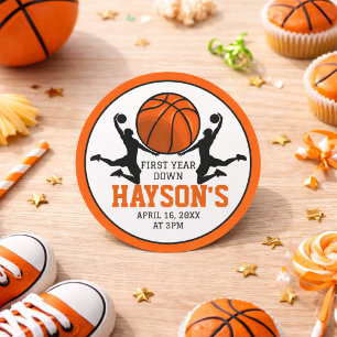 Basketball First Year Down 1st Birthday Classic Round Sticker