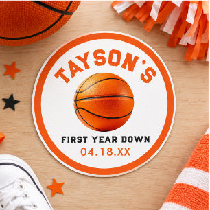 basketball First Year Down 1st Birthday Classic Round Sticker