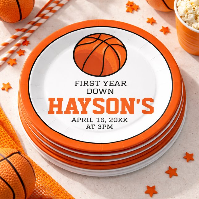 Basketball First Year Down 1st Birthday Paper Plates (Basketball First Year Down 1st Birthday Paper Plates)