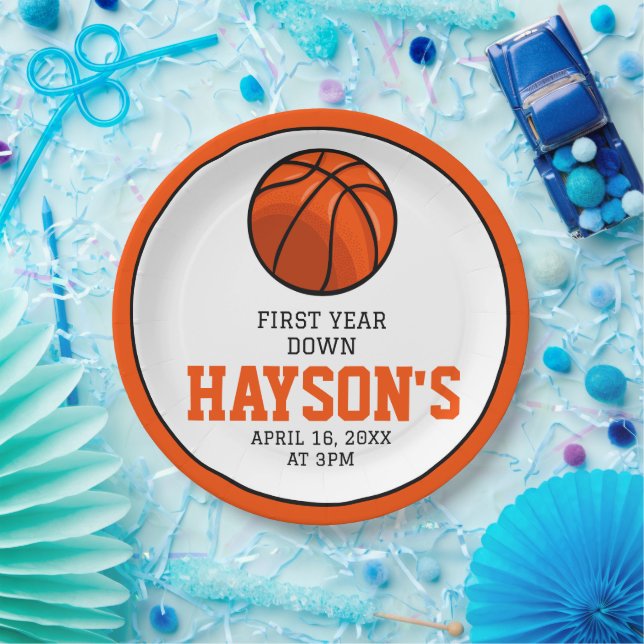 Basketball First Year Down 1st Birthday Paper Plates (Party)
