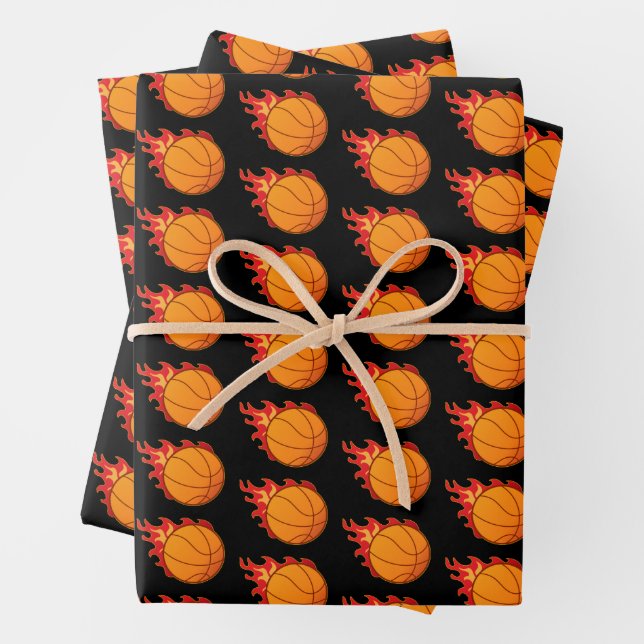 Basketball Flaming Fire Sports Wrapping Paper Sheets (In situ)