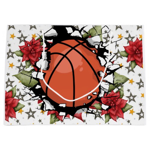 Basketball for Christmas Holidays with red flowers Large Gift Bag
