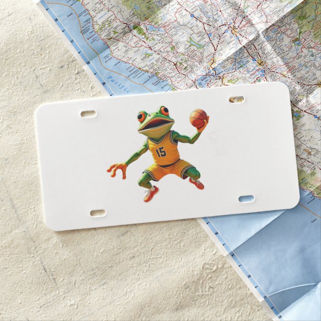 Basketball Frog white plastic license plate (In Situ)