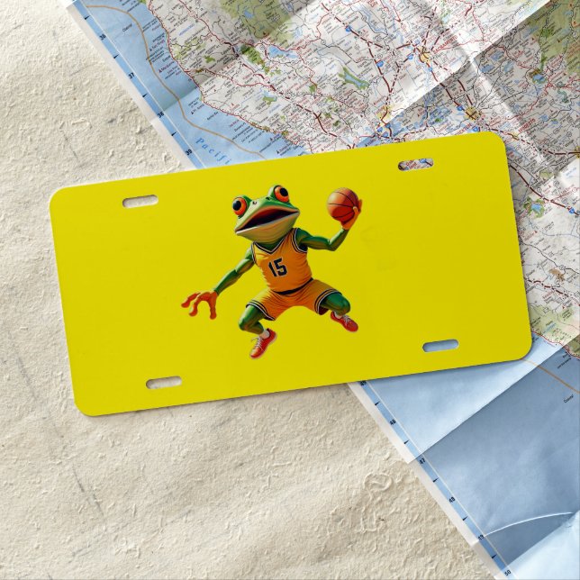 Basketball Frog yellow aluminum license plate (In Situ)