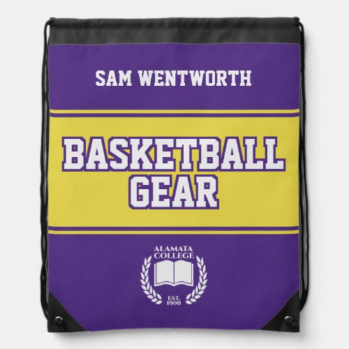 Basketball Gear Purple Yellow College Sports Drawstring Bag