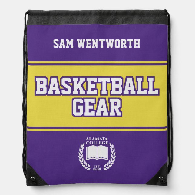 Basketball Gear Purple Yellow College Sports Drawstring Bag (Front)