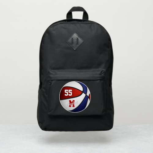 Basketball girl boy monogram red blue team colors port authority backpack