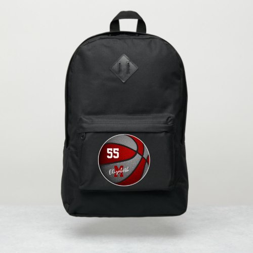 Basketball girl boy monogram red gray team colors port authority backpack