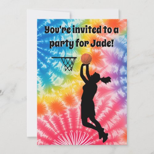 Basketball Girl Custom Tie_Dye Rainbow Birthday Invitation
