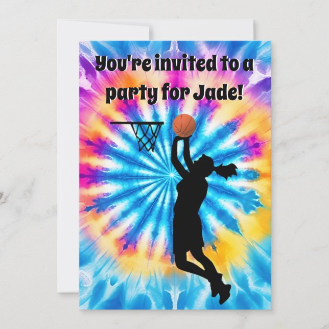 Basketball Girl Custom Tie-Dye Rainbow Birthday Invitation (Front)