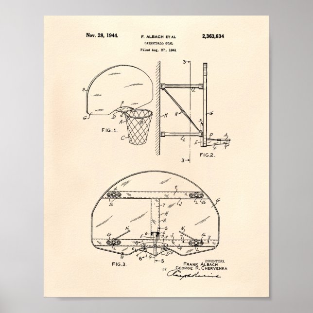 Basketball Goal 1944 Patent Art Old Peper Poster (Front)