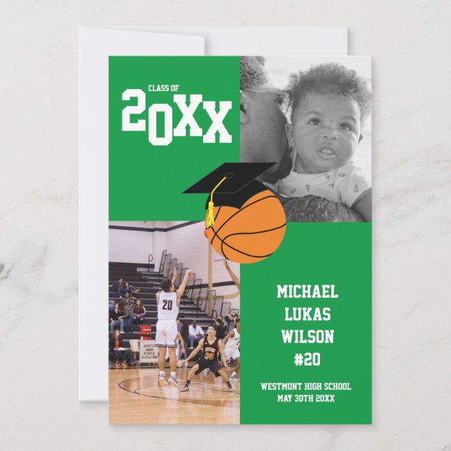 Basketball Graduation Sports Green Announcement (Front)