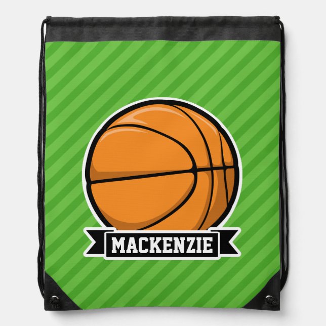 Basketball; Green Stripes Drawstring Bag (Front)