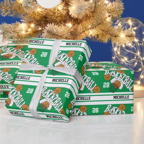 Basketball Green  White Stripes Wrapping Paper