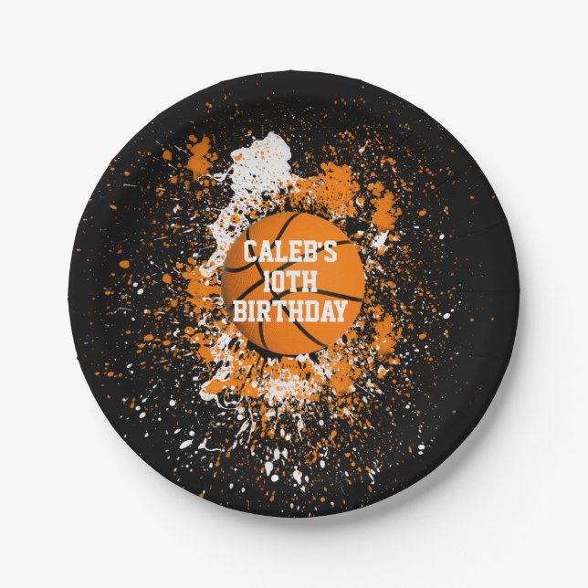 Basketball Grunge Paint Splatter Orange Black Paper Plates (Front)