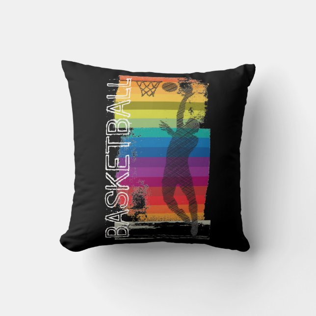 Basketball Grunge Rainbow Illustration Black Throw Pillow (Front)