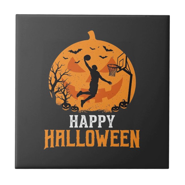 Basketball Halloween Dunk Pumpkin Design_1 Ceramic Tile (Front)