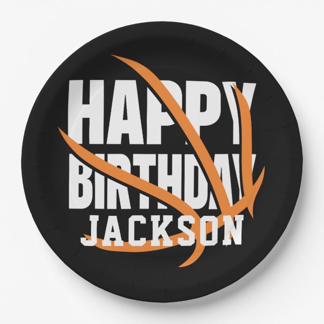 Basketball Happy Birthday Personalized Paper Plates (Front)