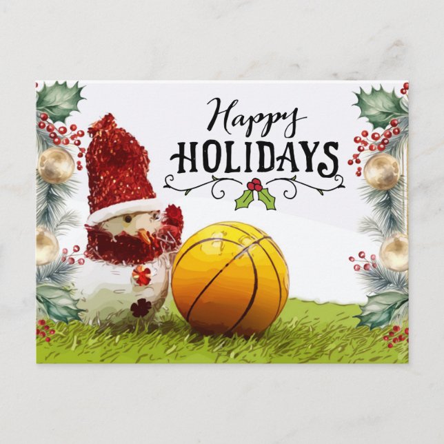 Basketball Happy Holidays with Snowman Postcard (Front)