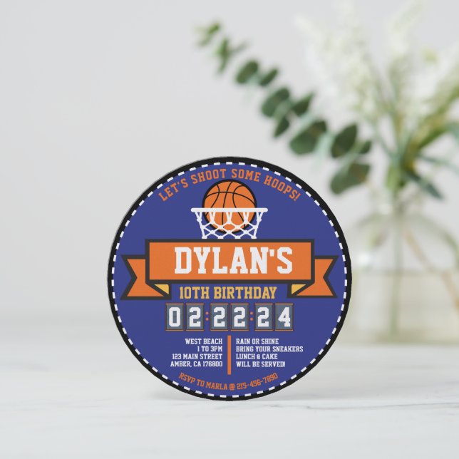 BASKETBALL HOOPS GAME Sports Birthday Party Round Invitation (Standing Front)