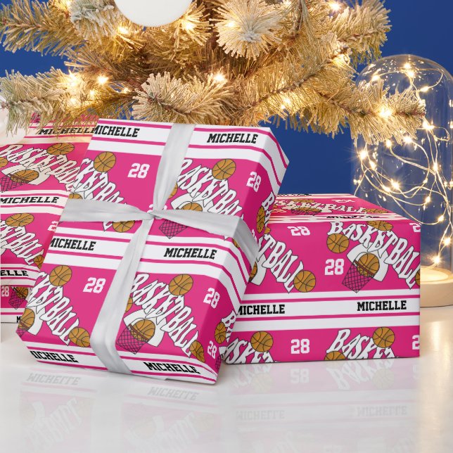 Basketball Hot Pink & White Stripes Wrapping Paper (Holidays)