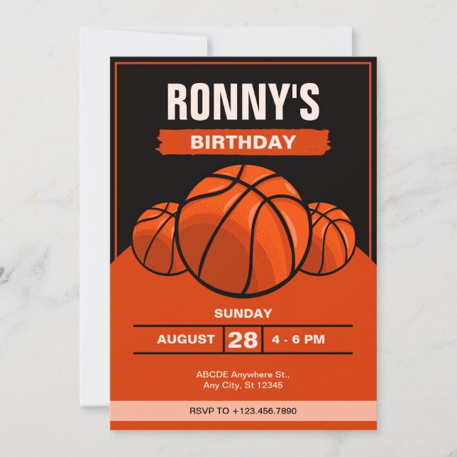 Basketball iconic black orange birthday  invitation (Front)