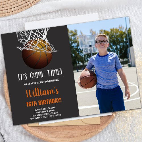 Basketball in Basket Birthday Invitations w photo