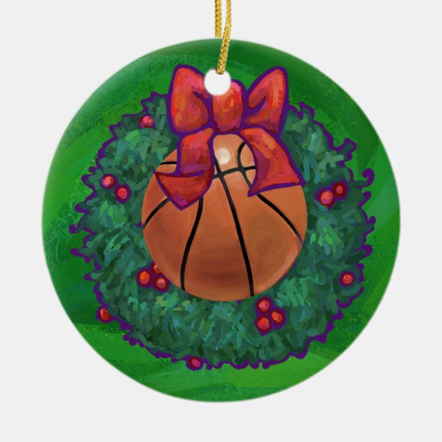 Basketball in Christmas Wreath Ceramic Ornament (Front)
