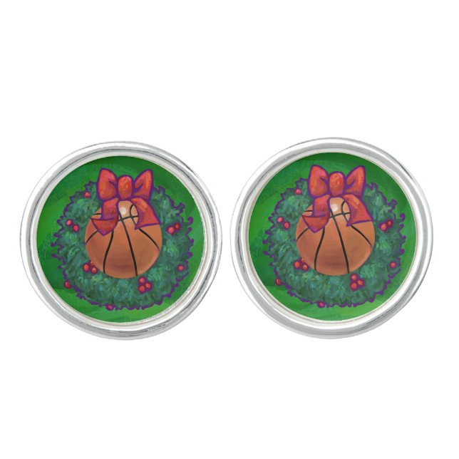 Basketball in Christmas Wreath Cufflinks (Front)