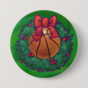 Basketball in Christmas Wreath Pinback Button