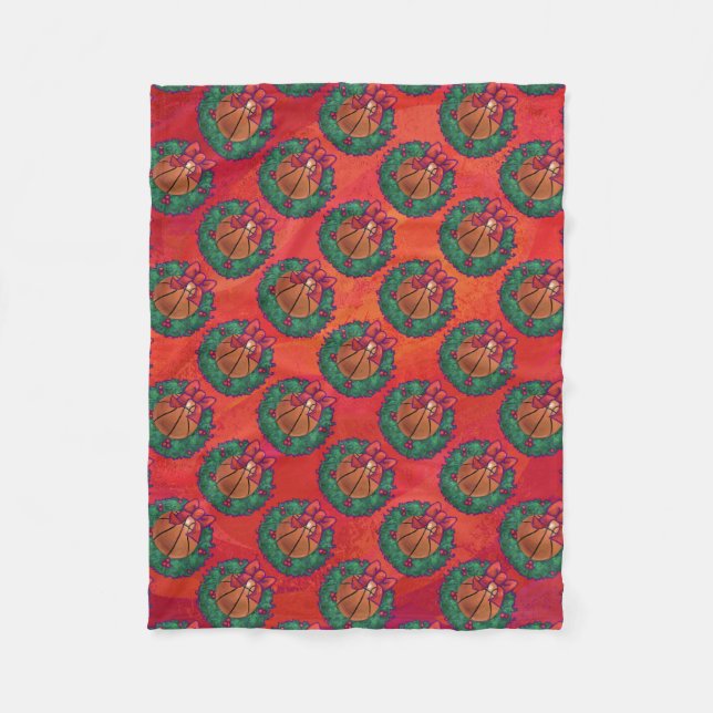 Basketball in Holly Wreath Pattern on Red Fleece Blanket (Front)